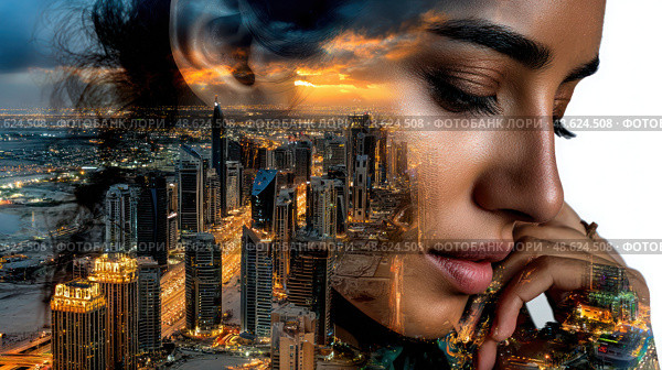 A woman's face is shown in a cityscape with a city skyline in the background. Стоковое AI-изображение, AI-художник Ярославский Максим / Фотобанк Лори