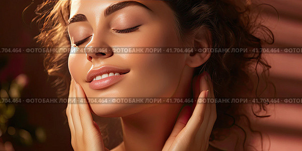 A young and very beautiful girl feels her face after peeling and smiles. Cosmetic procedures. Generated by AI. Стоковое AI-изображение, AI-художник Ярославский Максим / Фотобанк Лори