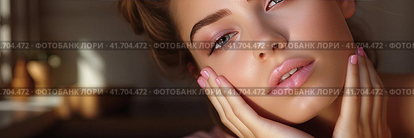 A young and very beautiful girl feels her face after peeling and smiles. Cosmetic procedures. Close-up. Generated by AI. Стоковое AI-изображение, AI-художник Ярославский Максим / Фотобанк Лори