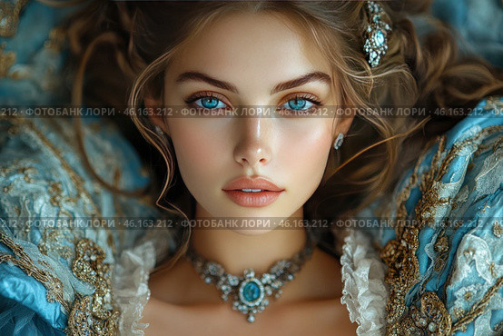 A young aristocratic girl with deep blue eyes and refined features. Her gaze is enchantingly clear, her skin is flawlessly smooth, and her lips are slightly parted, giving the image tenderness and mystery. She is dressed in a luxurious dress of the Baroque or Rococo era, embroidered with gold patterns, with puffy sleeves and lace. On her neck sparkles a precious necklace with blue stones, harmonizing with her outfit and eyes. Her hair is styled in soft curls, decorated with an elegant hairpin with stones. The atmosphere of the image is filled with elegance, luxury and royal grace. Стоковое AI-изображение, AI-художник Анна Кривицкая / Фотобанк Лори