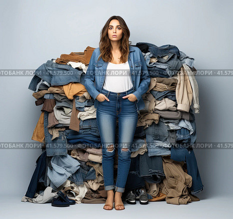 A young attractive girl of about 20 years old is standing in a blouse and jeans in front of a large pile of clothes on a white background. Generated by AI. Стоковое AI-изображение, AI-художник Ярославский Максим / Фотобанк Лори