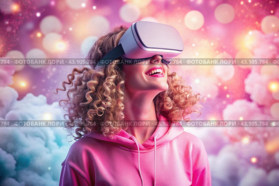 A young beautiful girl in a pink hoodie playing virtual reality in fabulous pink clouds with a virtual reality headset in front of her eyes. Стоковое AI-изображение, AI-художник Photojuli / Фотобанк Лори