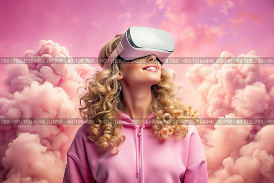 A young beautiful girl in a pink hoodie playing virtual reality in fabulous pink clouds with a virtual reality headset in front of her eyes. Стоковое AI-изображение, AI-художник Photojuli / Фотобанк Лори