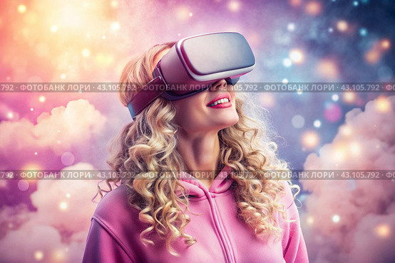 A young beautiful girl in a pink hoodie playing virtual reality in fabulous pink clouds with a virtual reality headset in front of her eyes. Стоковое AI-изображение, AI-художник Photojuli / Фотобанк Лори