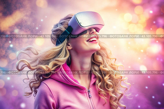 A young beautiful girl in a pink hoodie playing virtual reality in fabulous pink clouds with a virtual reality headset in front of her eyes. Стоковое AI-изображение, AI-художник Photojuli / Фотобанк Лори