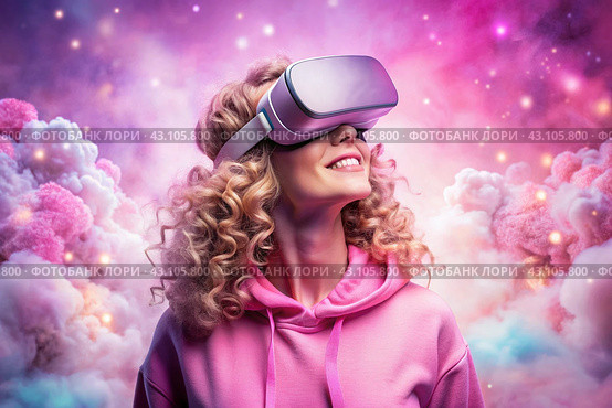 A young beautiful girl in a pink hoodie playing virtual reality in fabulous pink clouds with a virtual reality headset in front of her eyes. Стоковое AI-изображение, AI-художник Photojuli / Фотобанк Лори