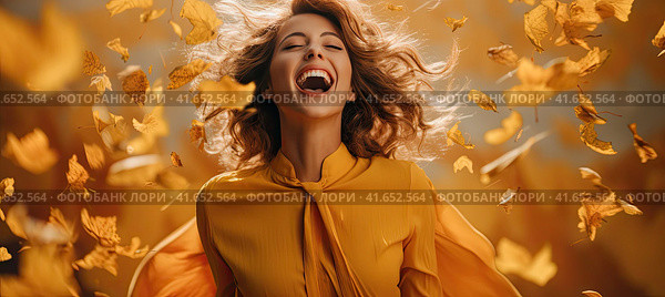 A young beautiful girl is laughing with her mouth wide open against the background of autumn leaves. Generated by AI. Стоковое AI-изображение, AI-художник Ярославский Максим / Фотобанк Лори