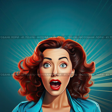 A young beautiful girl with brown hair with an open mouth is very surprised. Generated by And . Стоковое AI-изображение, AI-художник Ярославский Максим / Фотобанк Лори