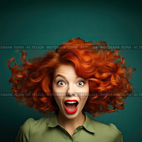 A young beautiful girl with brown hair with an open mouth is very surprised. Generated by And . Стоковое AI-изображение, AI-художник Ярославский Максим / Фотобанк Лори