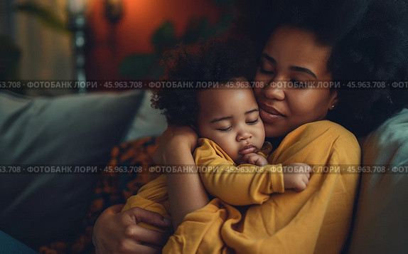 A young biracial mother lovingly holds her sleeping baby close in their cozy living room during a tranquil evening. Стоковое AI-изображение, AI-художник Sergey Grishin / Фотобанк Лори