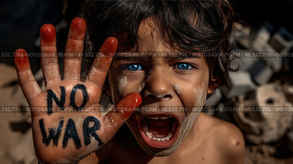 A young boy is holding up his hand with the word "no war" written on it. Стоковое AI-изображение, AI-художник Ярославский Максим / Фотобанк Лори