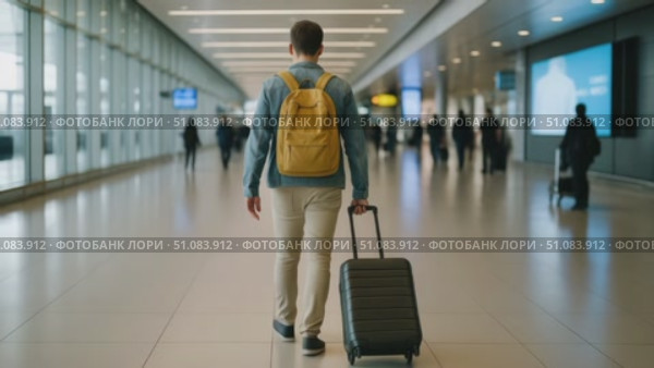 A young Caucasian man with short brown hair walks through an airport terminal, pulling a suitcase. The terminal is busy with travelers in the background. Стоковое AI-видео, аниматор Nart / Фотобанк Лори