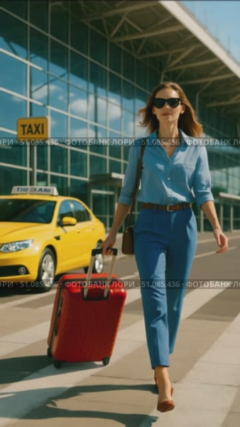 A young Caucasian woman with brown hair walks at an airport, pulling a red suitcase. She wears sunglasses and a blue shirt, with a taxi in the background. Стоковое AI-видео, аниматор Nart / Фотобанк Лори
