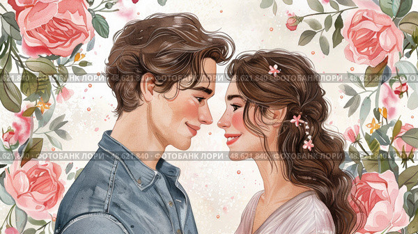 A young couple gazes lovingly at each other, framed by beautiful roses, reflecting warmth and romance between them in a charming artistic portrayal. Стоковое AI-изображение, AI-художник Данила Большаков / Фотобанк Лори