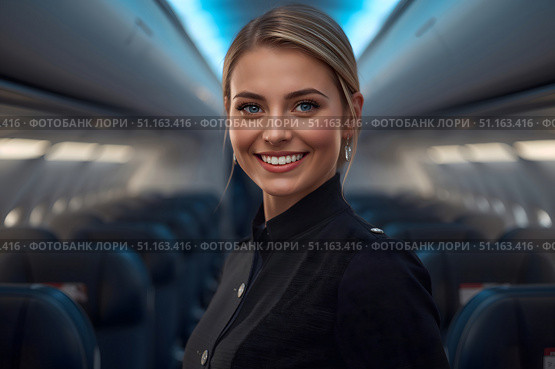 A young female flight attendant is pictured in the background of a passenger plane cabin. Стоковое AI-изображение, AI-художник Александр Поташев / Фотобанк Лори