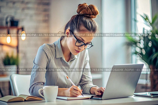 A young female freelance businessman in glasses and headphones is working on a laptop or shopping in an online store. The woman is writing something in a notebook. Стоковое AI-изображение, AI-художник Photojuli / Фотобанк Лори
