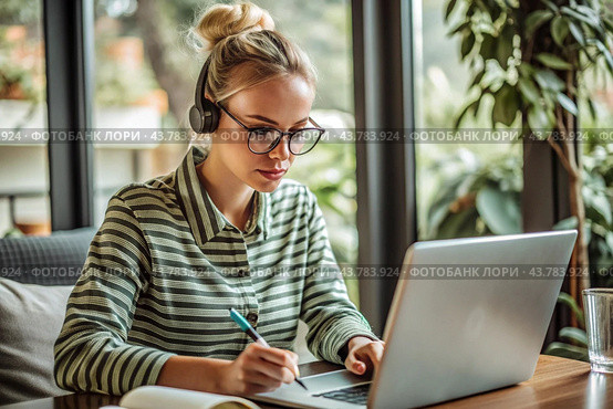 A young female freelance businessman in glasses and headphones is working on a laptop or shopping in an online store. The woman is writing something in a notebook. Стоковое AI-изображение, AI-художник Photojuli / Фотобанк Лори