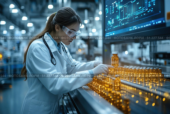 A young female scientist in a white lab coat with a stethoscope around her neck. She works in a modern pharmaceutical production facility, carefully checking ampoules or vials of liquid on a conveyor line. She is wearing protective glasses and gloves, which emphasizes the high level of biosafety. In the background, a large monitor with technical diagrams and data reflecting the automation of the process is visible. The atmosphere of the image conveys high technology, a scientific approach and strict quality standards in medicine and pharmaceuticals. Стоковое AI-изображение, AI-художник Анна Кривицкая / Фотобанк Лори