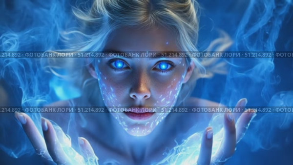 A young girl channels vibrant blue energy, creating mystical patterns with her hands in an enchanting nighttime atmosphere filled with magic. Стоковое AI-видео, аниматор Данила Большаков / Фотобанк Лори