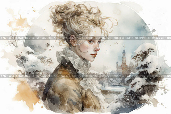 A young girl in a romantic winter landscape. She is dressed in an elegant coat with a high collar and a lace scarf, emphasizing her sophistication. Her light hair is casually gathered into a voluminous hairstyle, and there is a slight blush on her face, which adds warmth to her image. The background is made in watercolor technique with an image of a snowy forest and architectural elements - a church or a tower, creating a fairy-tale atmosphere. The overall style of the painting combines the lightness, coldness and romance of winter. Стоковое AI-изображение, AI-художник Анна Кривицкая / Фотобанк Лори