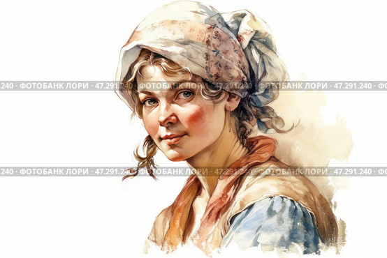 A young girl in traditional clothing, painted in watercolor. Her face is expressive, with a slight smile and blush on her cheeks, and her eyes look straight at the viewer with a warm, friendly expression. The girl's hair is gathered under a light scarf with ties, slightly disheveled, which gives the image naturalness and simplicity. The clothes consist of a light shirt and a vest in warm colors, creating a feeling of village life and historical flavor. The background is done in a light, watercolor manner, creating a feeling of lightness and airiness. Стоковое AI-изображение, AI-художник Анна Кривицкая / Фотобанк Лори