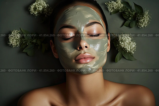 A young girl with her eyes closed lies with a mask on her face among the petals of plants in a SPA salon. Стоковое AI-изображение, AI-художник Ярославский Максим / Фотобанк Лори