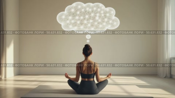 A young Hispanic woman sits cross-legged in a yoga pose. She has long dark hair and is meditating. A thought bubble appears above her head, filled with light. Стоковое AI-видео, аниматор Ольга Невская / Фотобанк Лори