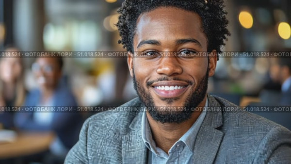 A young man dressed in a gray blazer sits at a desk, smiling at the camera while colleagues work in the background. Стоковое AI-видео, аниматор Данила Большаков / Фотобанк Лори