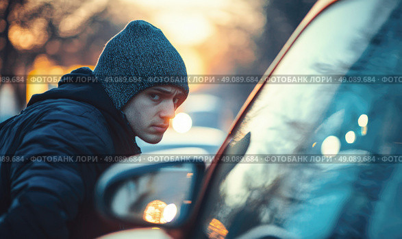 A young man wearing a beanie looks suspiciously at the camera while standing near a car, in a city environment at sunset. Стоковое AI-изображение, AI-художник Катерина Бондарец / Фотобанк Лори