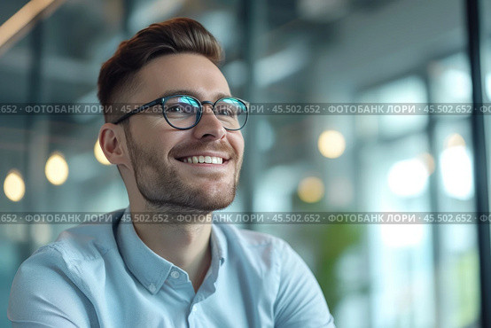 A young man wearing glasses smiles while gazing into the distance, envisioning career opportunities in a bright, contemporary office environment. Стоковое AI-изображение, AI-художник Sergey Grishin / Фотобанк Лори