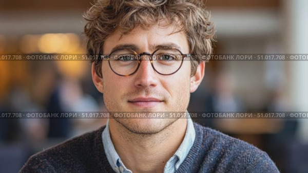 A young man with curly hair and glasses sits in a bustling café, appearing thoughtful and engaged amid lively conversations and a warm ambiance. Стоковое AI-видео, аниматор Данила Большаков / Фотобанк Лори