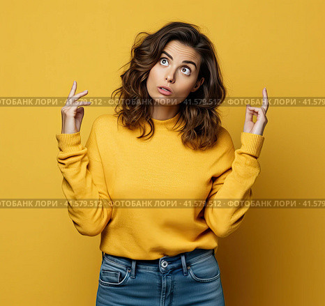 A young, pensive, insecure, rather attractive European girl of 20 years in a yellow casual blouse, spreads her hands questioningly, looking away. Created by AI. Стоковое AI-изображение, AI-художник Ярославский Максим / Фотобанк Лори