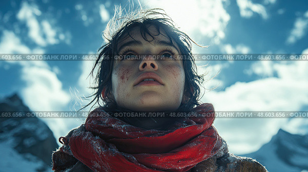A young person looks upward, surrounded by snow and mountains, reflecting determination and the allure of exploration under a blue sky. Стоковое AI-изображение, AI-художник Данила Большаков / Фотобанк Лори