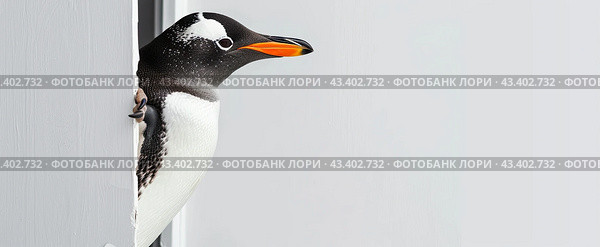 A young royal penguin looks out of the open door and looks sideways. Copy space. Стоковое AI-изображение, AI-художник Ярославский Максим / Фотобанк Лори