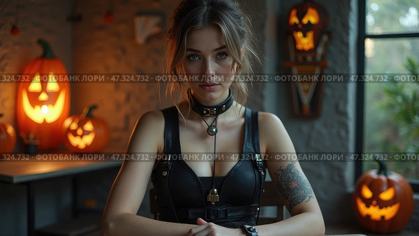A young tattooed woman sits confidently at a table, dressed in a black leather harness, surrounded by creatively carved jack-o\'-lanterns glowing warmly in the background. Стоковое AI-изображение, AI-художник Sergey Grishin / Фотобанк Лори
