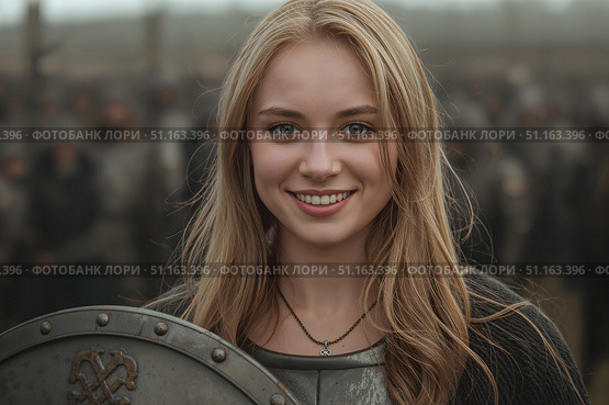 A young Viking woman with a shield. Стоковое AI-изображение, AI-художник Александр Поташев / Фотобанк Лори