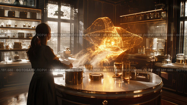 A young woman conjures glowing spells while brewing potions in a vintage alchemist workshop during twilight. Стоковое AI-изображение, AI-художник Данила Большаков / Фотобанк Лори