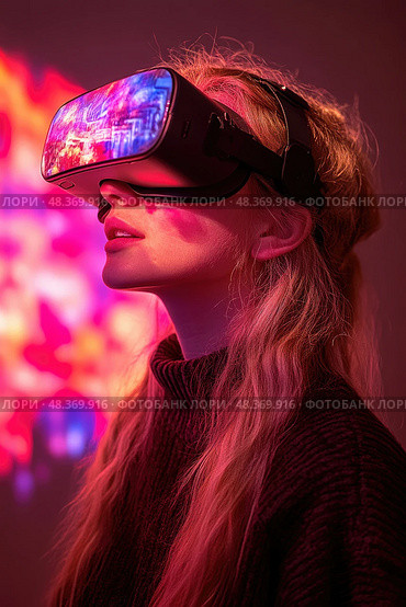 A young woman engages with virtual reality equipment, captivated by an immersive digital world illuminated by bright, colorful lights. Стоковое AI-изображение, AI-художник Данила Большаков / Фотобанк Лори