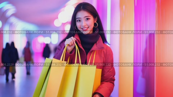 A young woman enjoys a night out shopping, holding bright yellow bags in a lively, illuminated environment filled with colorful lights. Стоковое AI-видео, аниматор Данила Большаков / Фотобанк Лори