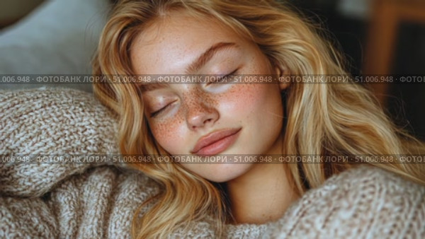 A young woman enjoys a tranquil moment, resting her eyes while wearing a cozy sweater, radiating calmness and comfort in a cozy environment. Стоковое AI-видео, аниматор Данила Большаков / Фотобанк Лори
