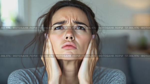 A young woman expresses frustration, covering her ears in distress while seated in a cozy living room during the late afternoon hours. Стоковое AI-видео, аниматор Данила Большаков / Фотобанк Лори