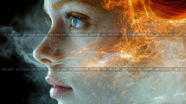 A young woman gazes thoughtfully as fiery strands emerge from her hair, intertwined with delicate wisps of smoke, creating a surreal visual effect. Стоковое AI-изображение, AI-художник Данила Большаков / Фотобанк Лори