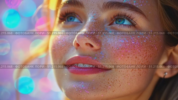 A young woman gazes upwards, her cheeks shimmering with colorful glitter, surrounded by vibrant bokeh during a sunny day. Стоковое AI-видео, аниматор Данила Большаков / Фотобанк Лори
