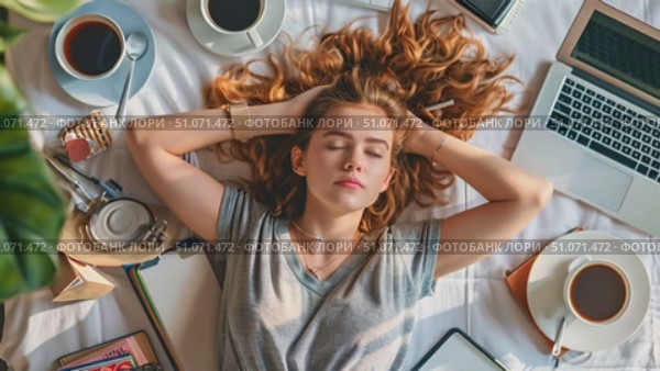 A young woman sleeping peacefully on her bed with a laptop, coffee cups, and books scattered around her. Стоковое AI-видео, аниматор Данила Большаков / Фотобанк Лори