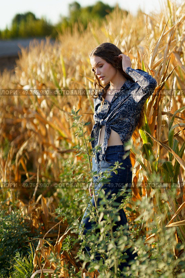 A young woman stands with grace and poise among the vibrant golden corn stalks, dressed in a very stylish outfit that beautifully captures and showcases the delightful beauty of nature all around her. A Young Woman Posing Elegantly in a Beautiful Golden Cornfield Under the Summer Sunlight. Стоковое фото, агентство Ingram Publishing / Фотобанк Лори