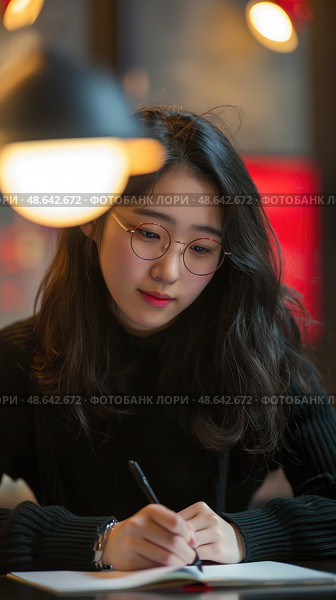 A young woman wearing glasses focuses on writing in a notebook at a café, surrounded by warm, inviting lights during the evening hours. Стоковое AI-изображение, AI-художник Данила Большаков / Фотобанк Лори