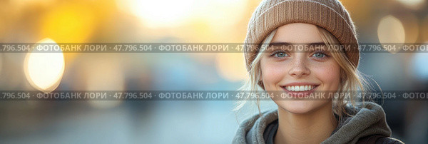 A young woman with a bright smile dons a snug beanie, enjoying the outdoor atmosphere during the enchanting golden hour. Стоковое AI-изображение, AI-художник Данила Большаков / Фотобанк Лори