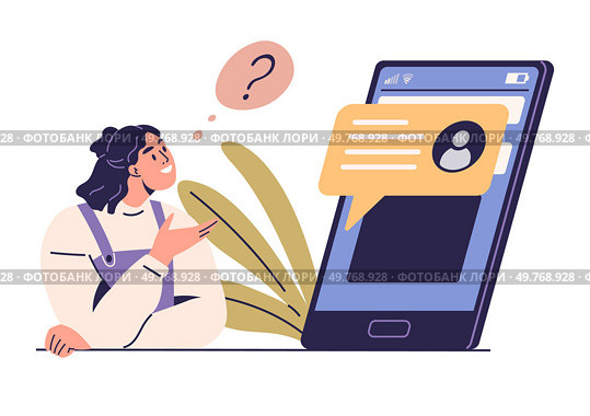 A young woman with a curious expression looks puzzled while interacting with a large smartphone displaying a messaging app. Leaf designs add an aesthetic touch. Ideal for communication technology. Young Woman Communicating via Smartphone with Query Expression and Messaging App. Стоковая иллюстрация, агентство Ingram Publishing / Фотобанк Лори