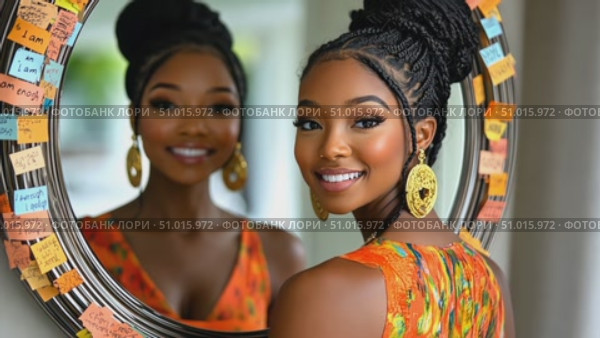 A young woman with beautiful braided hair smiles at herself in a mirror surrounded by colorful inspirational notes, showcasing her vibrant outfit. Стоковое AI-видео, аниматор Данила Большаков / Фотобанк Лори