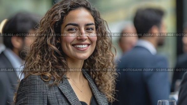 A young woman with curly hair smiles warmly while engaging with attendees at a professional networking event in an urban atmosphere. Стоковое AI-видео, аниматор Данила Большаков / Фотобанк Лори